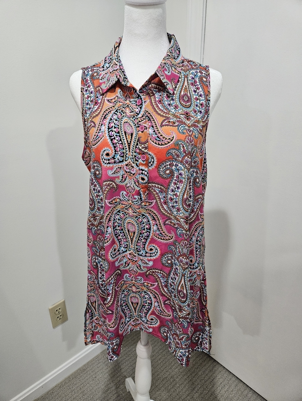 Spense Pink and Coral Paisley Sleeveless Collared Tunic Dress